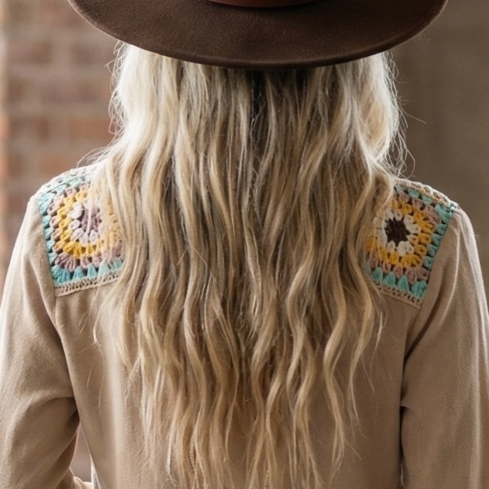 NWT UMGEE Boho Button Down High Low Granny Crochet Tile Blouse Top Shirt - Picture 6 of 7